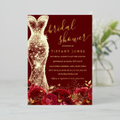 Shimmer Jurk Rood Goud Bloemen Roos Vrijgezellenfe Folie Uitnodiging (Staand Voorkant)