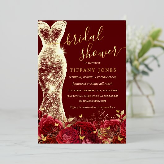 Shimmer Jurk Rood Goud Bloemen Roos Vrijgezellenfe Folie Uitnodiging (Staand Voorkant)
