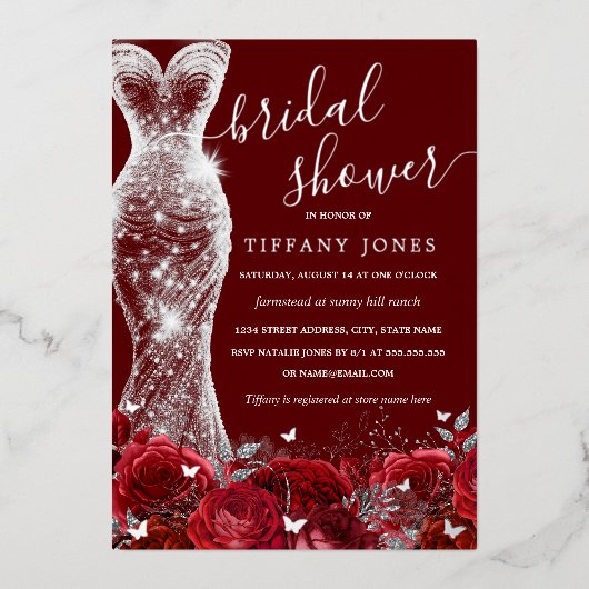 Shimmer Jurk Rood Zilver Roos Vrijgezellenfeest Folie Uitnodiging (Voorkant)