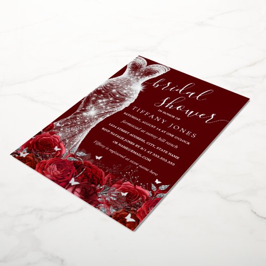 Shimmer Jurk Rood Zilver Roos Vrijgezellenfeest Folie Uitnodiging (Gedraaid)