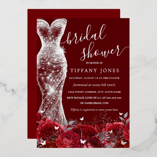 Shimmer Jurk Rood Zilver Roos Vrijgezellenfeest Folie Uitnodiging (Voorkant / Achterkant)