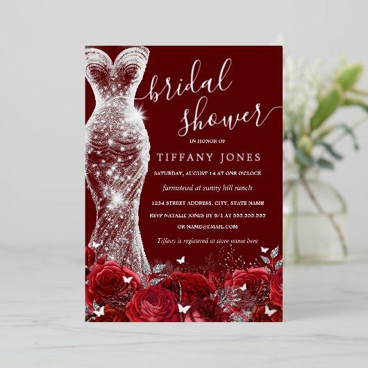 Shimmer Jurk Rood Zilver Roos Vrijgezellenfeest Folie Uitnodiging (Staand Voorkant)