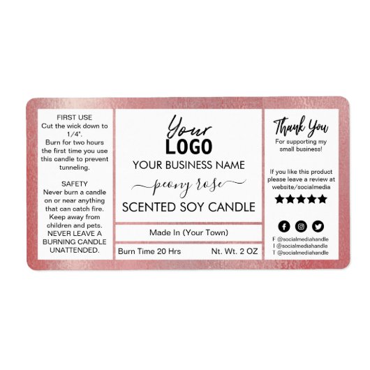 Shimmer Roos Gold Ink Peony Scented Soy Candle Etiket (Voorkant)