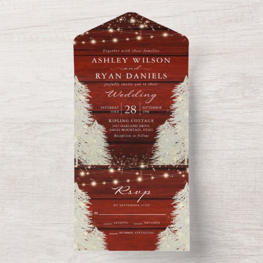 Shimmer Rustieke Houten Strijklichten Boom Bruilof All In One Uitnodiging (Binnen)