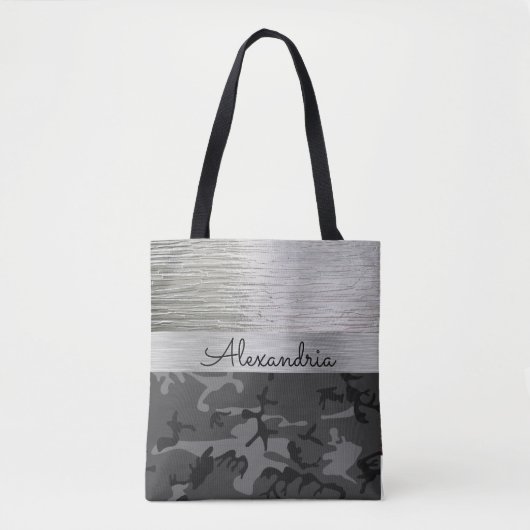 Shimmer Silver Black Camo gepersonaliseerd Tote Bag (Voorkant)