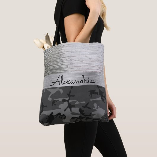 Shimmer Silver Black Camo gepersonaliseerd Tote Bag (Dichtbij)