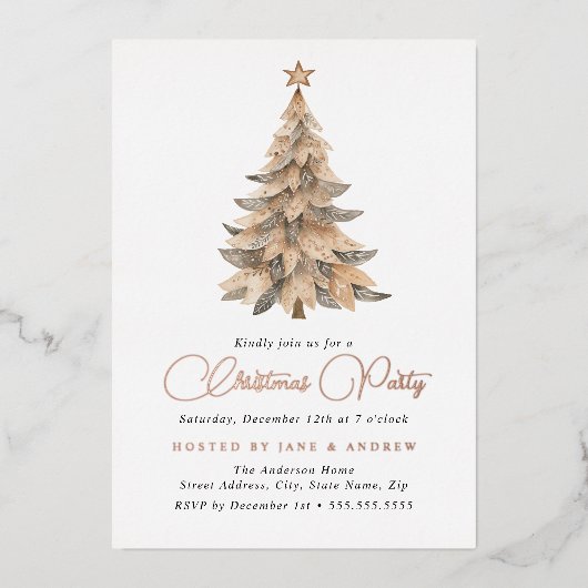 Shimmer Star Beige Tree Kerstfeest Folie Uitnodiging (Voorkant)