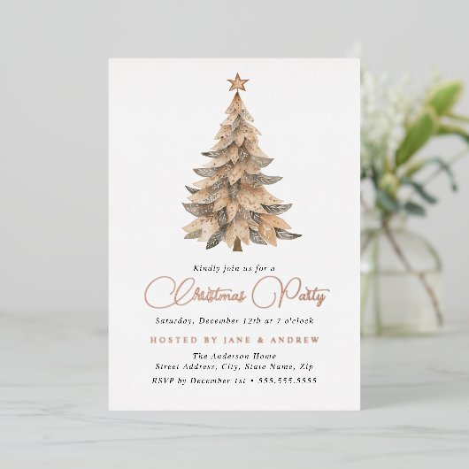 Shimmer Star Beige Tree Kerstfeest Folie Uitnodiging (Staand Voorkant)