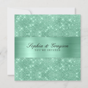 Shimmer Strip Mint Green Sparkle Wedding Invite Kaart