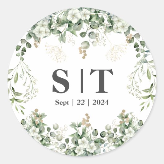 Shimmering Leaves: Gepersonaliseerde Botanische St Ronde Sticker (Voorkant)