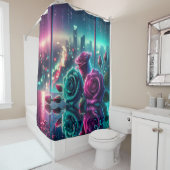 "Shimmering Raindrop Roos Cityscape Bokeh Art" Douchegordijn (In situ)