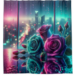 "Shimmering Raindrop Roos Cityscape Bokeh Art" Douchegordijn