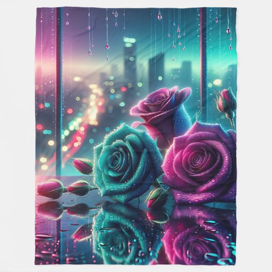 "Shimmering Raindrop Roos Cityscape Bokeh Art" Fleece Deken (Voorkant)