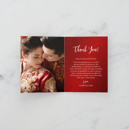 Shimmering rood goud foto Chinese bruiloft Bedankkaart (Binnen)