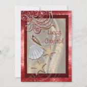 Shimmering Seashell Red Beach Wedding Invitation Kaart (Voorkant)