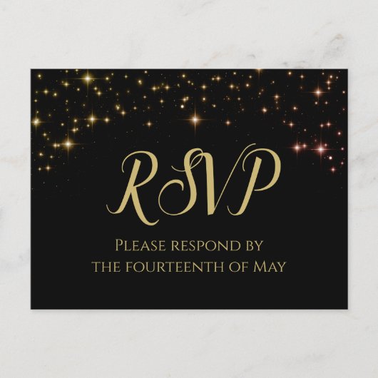 Shimmering Sparkles Gold & Black Wedding RSVP Briefkaart (Voorkant)