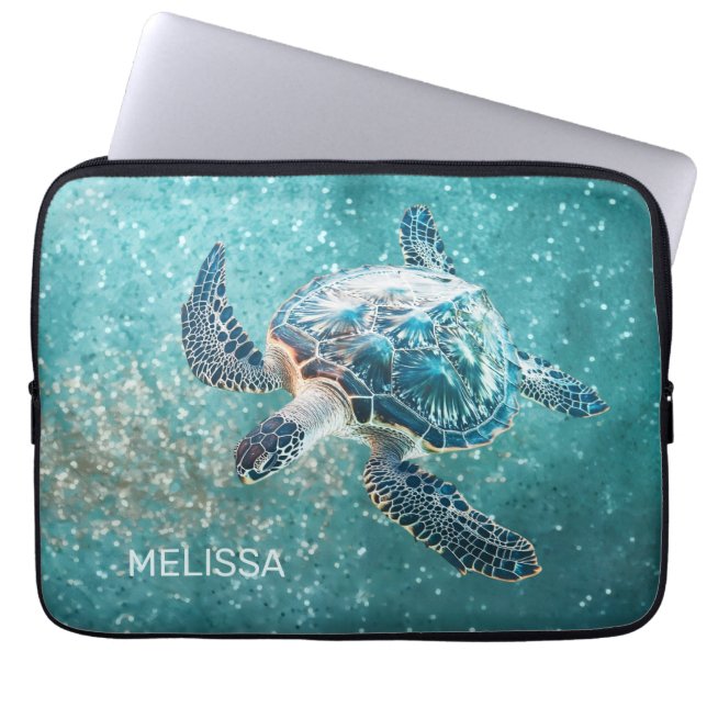Shimmering Turquoise Sea Turtle | Coastal Laptop Sleeve (Voorkant)