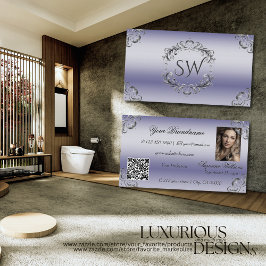 Shimmery Blauw Zilver Decor Monogram Foto QR Code Visitekaartje