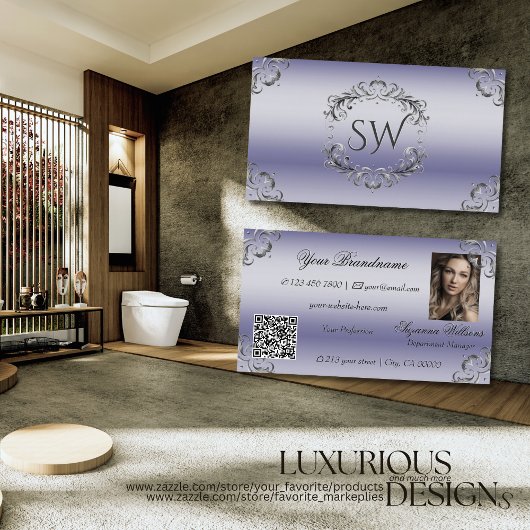 Shimmery Blauw Zilver Decor Monogram Foto QR Code Visitekaartje