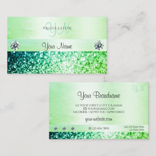 Shimmery Blauwgroen Green Glitter Monogram Profess Visitekaartje (Voorkant / Achterkant)