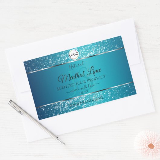 Shimmery Blauwgroen Logo Initialen Glitter Product Rechthoekige Sticker (Envelop)