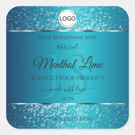 Shimmery Blauwgroen Logo Initialen Glitter Product Vierkante Sticker (Voorkant)
