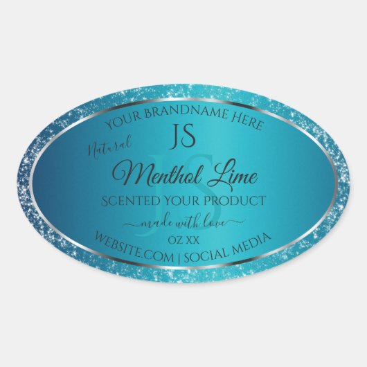 Shimmery Blauwgroen met Glitter Initialen Productl Ovale Sticker (Voorkant)