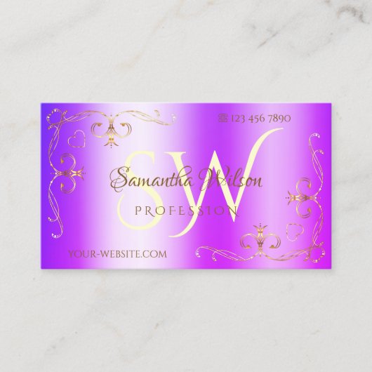 Shimmery Blue Paars Gold  Corners Initialen Visitekaartje (Voorkant)
