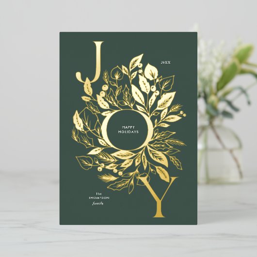 "Shimmery Botanical Joy" Goud Folie Kerstkaart Folie Feestdagenkaart (Staand Voorkant)