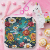 Shimmery Dragonfly Rozen en madeliefjes Blauwgroen Papieren Bordje (Feest)