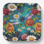 Shimmery Dragonfly Rozen en madeliefjes Blauwgroen Papieren Bordje (Voorkant)