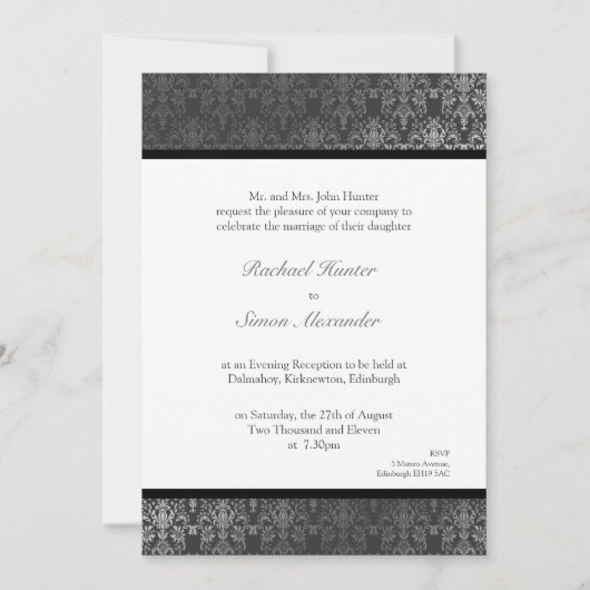 Shimmery Effect Damask Wedding Invitation - Grey Kaart (Voorkant)
