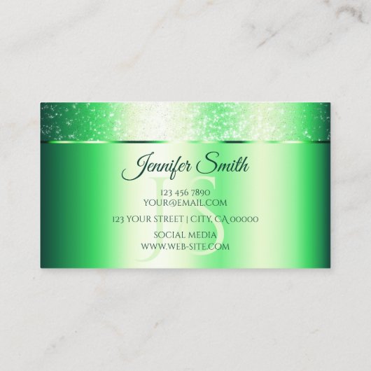 Shimmery Emerald Green Glitter Vonk en Monogram Visitekaartje (Achterkant)