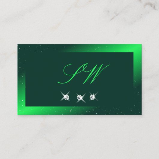Shimmery Emerald Green Sparking Diamonds Monogram Visitekaartje (Voorkant)