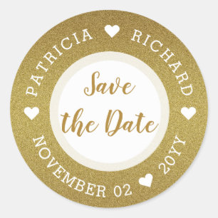 Shimmery Gold Glitter Bruiloft Save The Date Ronde Sticker