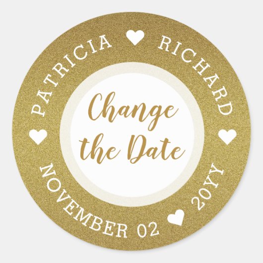 Shimmery Gold Glitter Bruiloft Verander de datum Ronde Sticker (Voorkant)