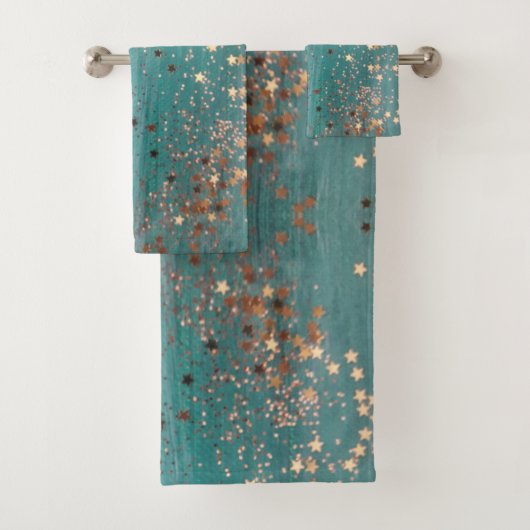 Shimmery Gold Stars op Blauwgroen Bad Handdoek (Insitu)