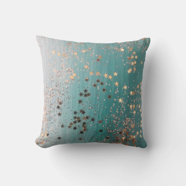 Shimmery Gold Stars op Blauwgroen  Kussen (Voorkant)