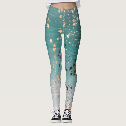 Shimmery Gold Stars op Blauwgroen  Leggings (Voorkant)