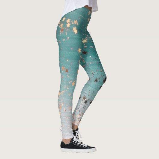 Shimmery Gold Stars op Blauwgroen  Leggings (Rechts)