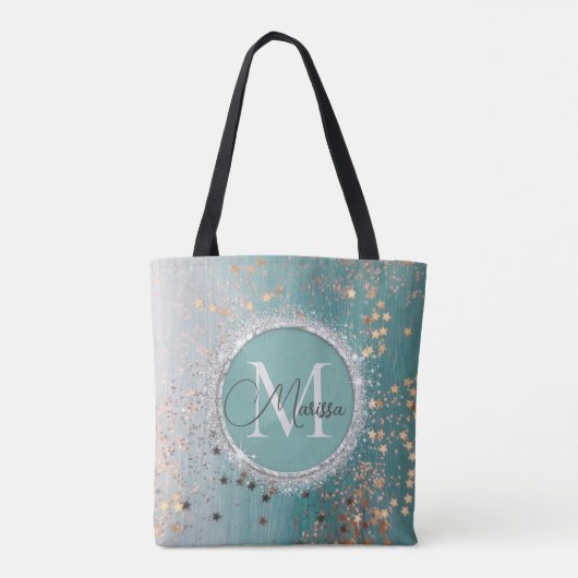 Shimmery Gold Stars op Blauwgroen Monogram Tote Bag (Achterkant)