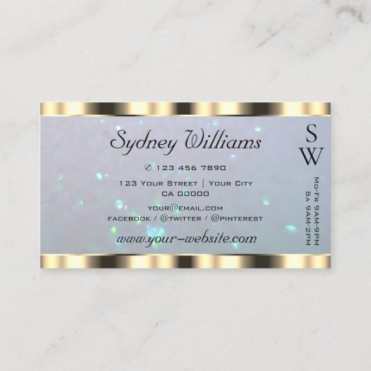 Shimmery Goud Licht Blauw Parel Glitter Monogram Visitekaartje (Achterkant)