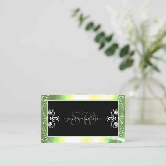 Shimmery Green Black Sparking Diamonds Monogram Visitekaartje (Staand voorkant)