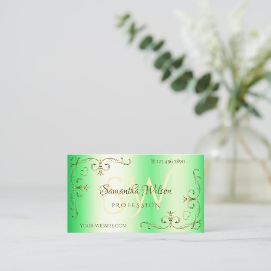 Shimmery Green Gold  hoeken met Initialen Visitekaartje (Staand voorkant)