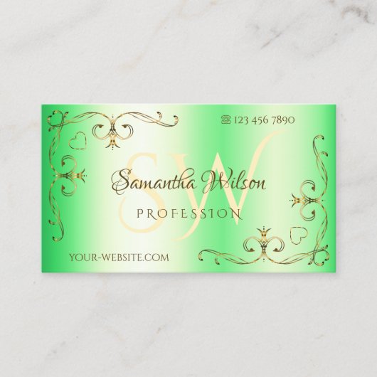 Shimmery Green Gold  hoeken met Initialen Visitekaartje (Voorkant)
