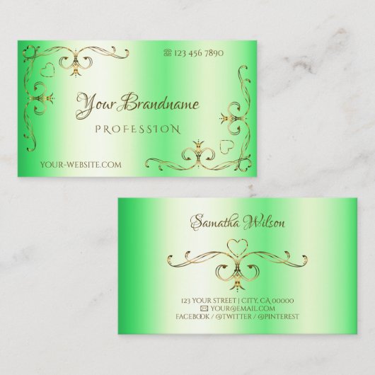 Shimmery Green met Gold Corner Borders Visitekaartje (Voorkant / Achterkant)