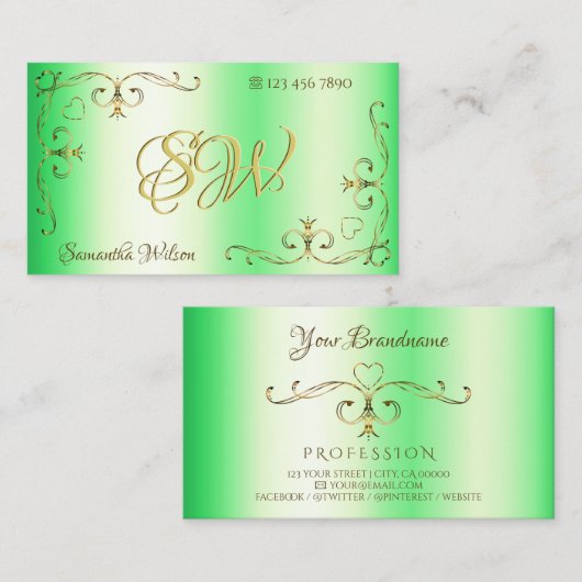 Shimmery Green met Gold  Corners Initialen Visitekaartje (Voorkant / Achterkant)