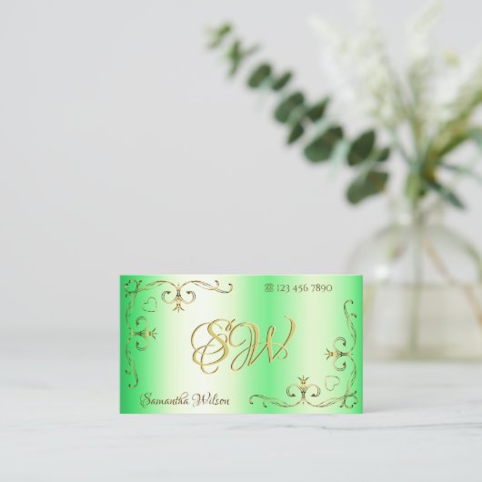 Shimmery Green met Gold  Corners Initialen Visitekaartje (Staand voorkant)