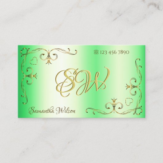 Shimmery Green met Gold  Corners Initialen Visitekaartje (Voorkant)