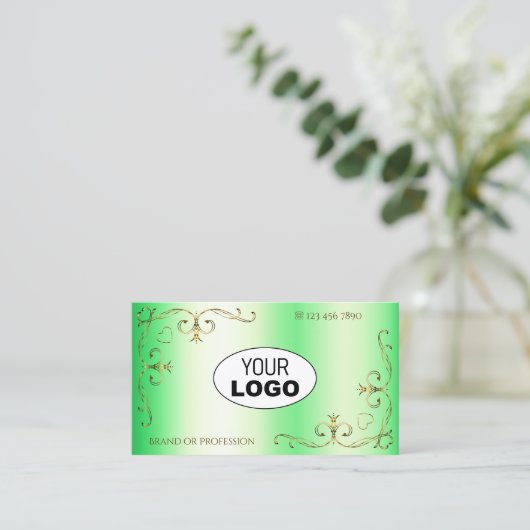Shimmery Green met Gold  hoeken en Logo Visitekaartje (Staand voorkant)